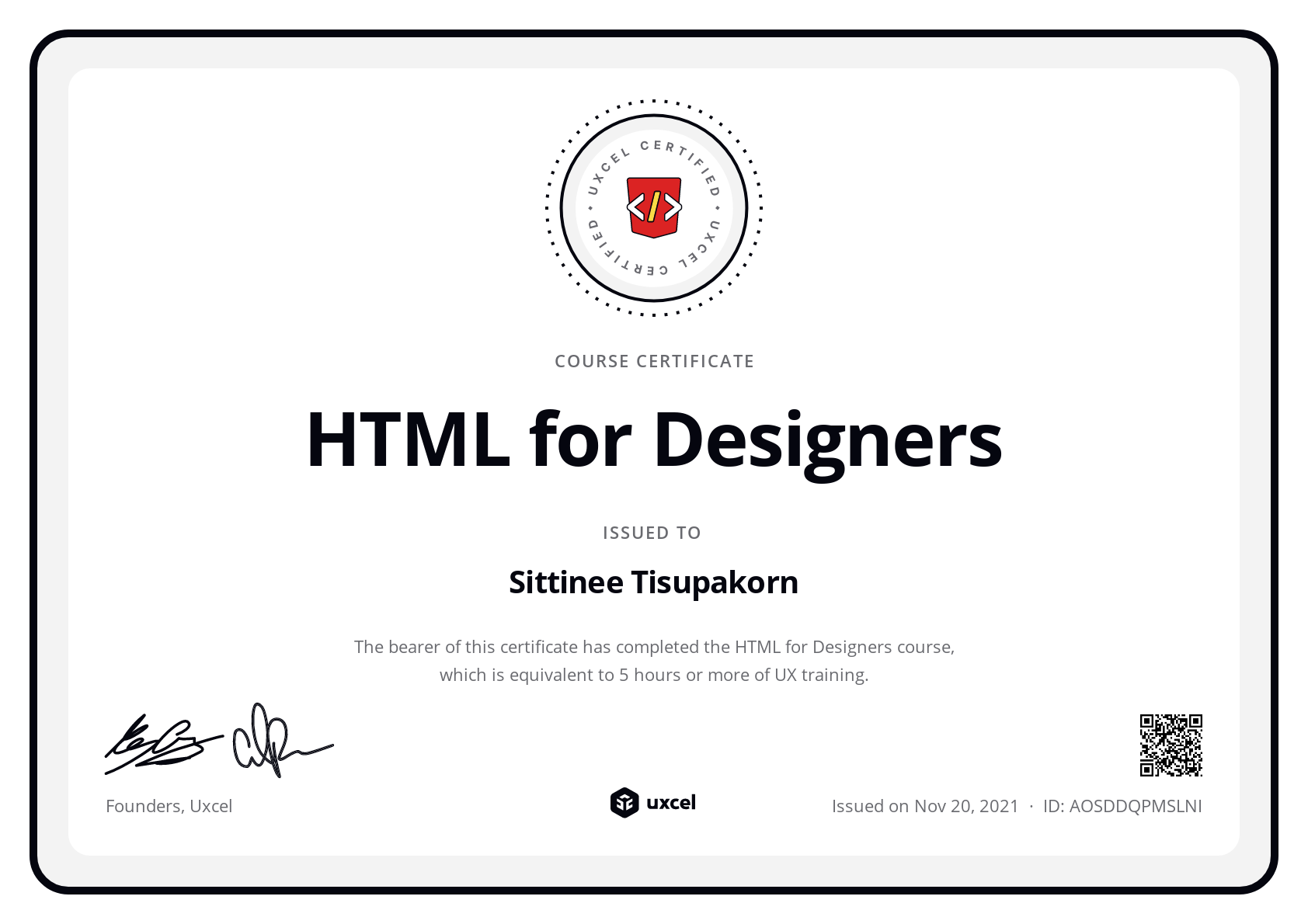 Sittinee Tisupakorn's certificate